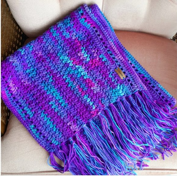 Accessories - Crochet Purple Teal Shawl Fringe Shoulder Warmer Fireside blanket Patio Wrap